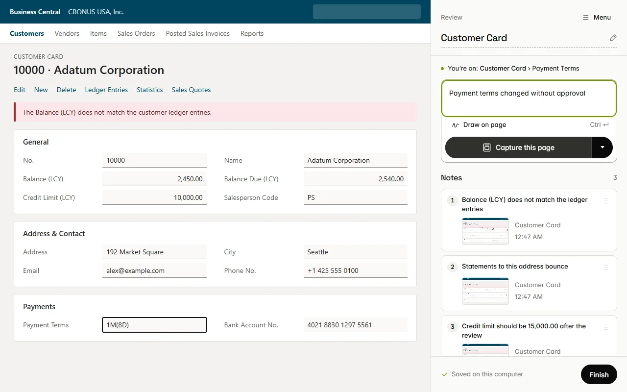 ShowMe review panel beside a Business Central Customer Card, showing the current page and field, a note being typed, and three captured notes