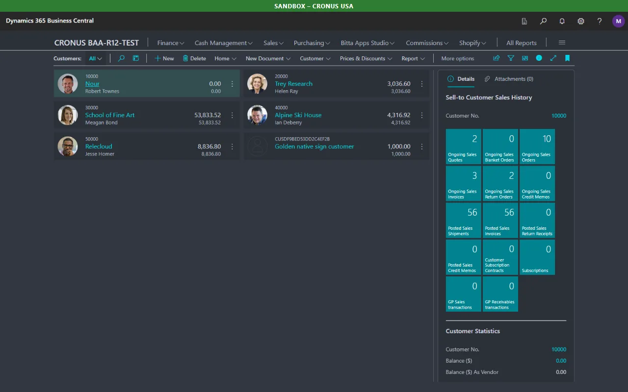 Business Central customer list in a softer slate-gray dark theme, with the sandbox environment bar at the top