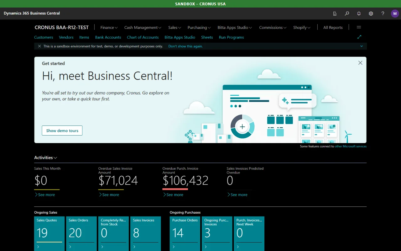 Business Central role center on a black background with high-contrast teal tiles and the sandbox environment bar at the top