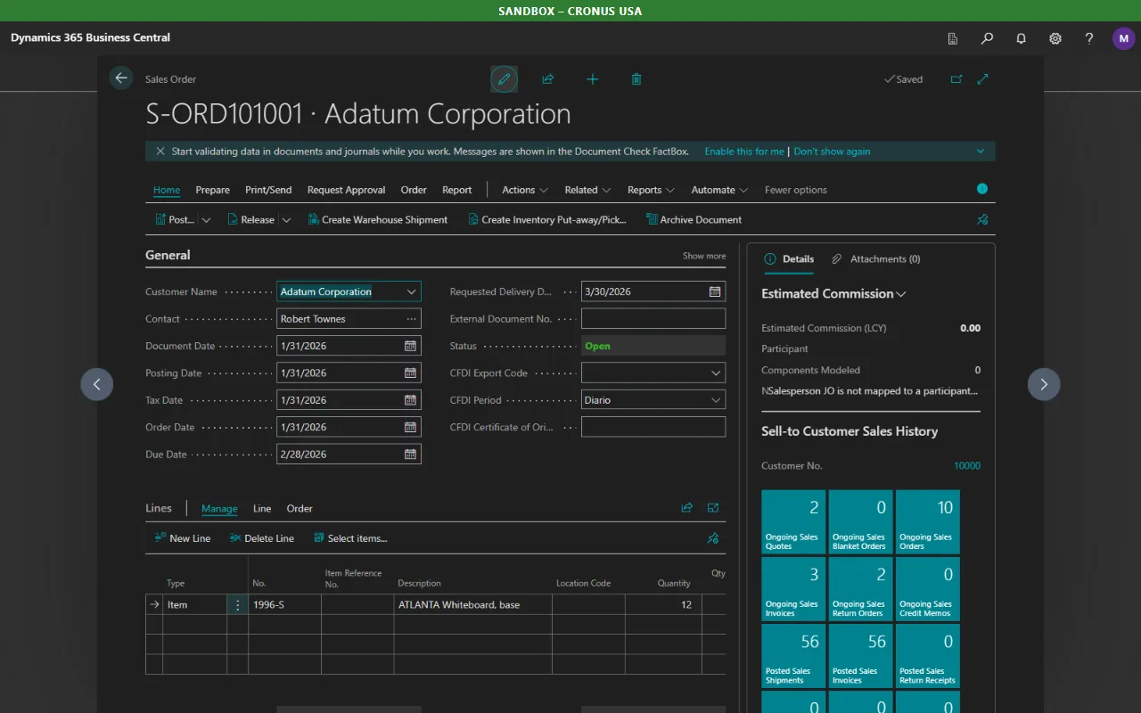 Business Central sales order in Bitta Theme's dark theme, with a green SANDBOX – CRONUS USA environment bar across the top