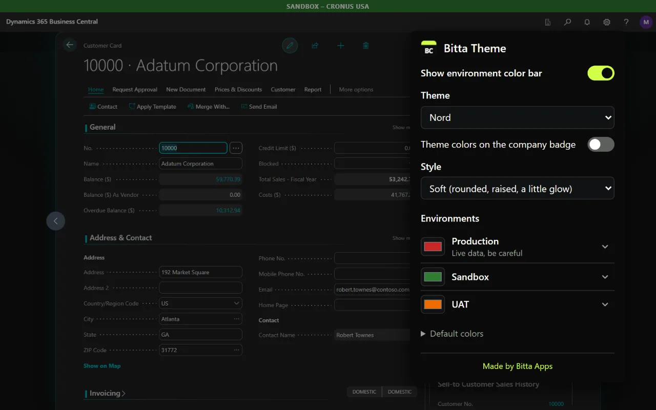 Bitta Theme settings popup over a dark Business Central customer card, with the color bar switch, Nord theme, Soft style and red, green and orange colors for Production, Sandbox and UAT