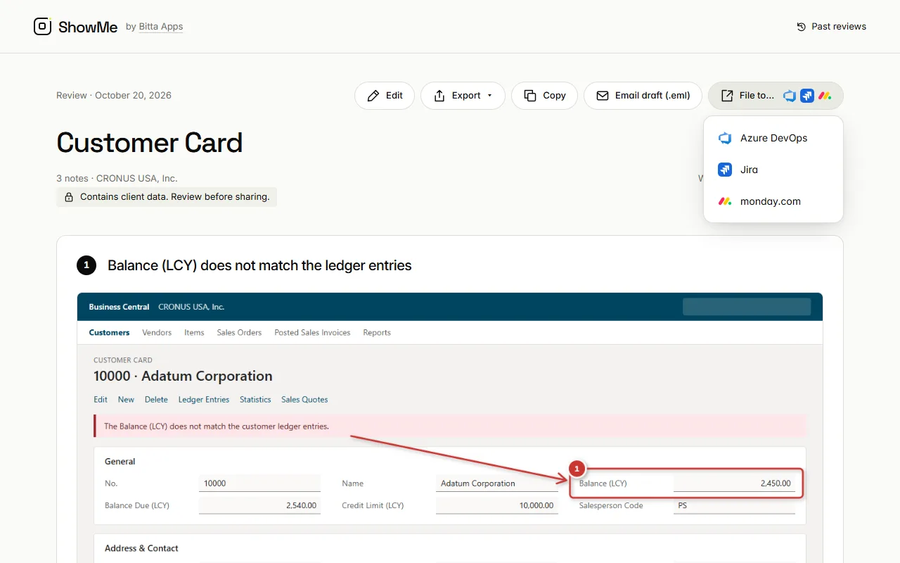 Finished ShowMe review with Export, Copy, and Email draft actions and a File to menu listing Azure DevOps, Jira, and monday.com
