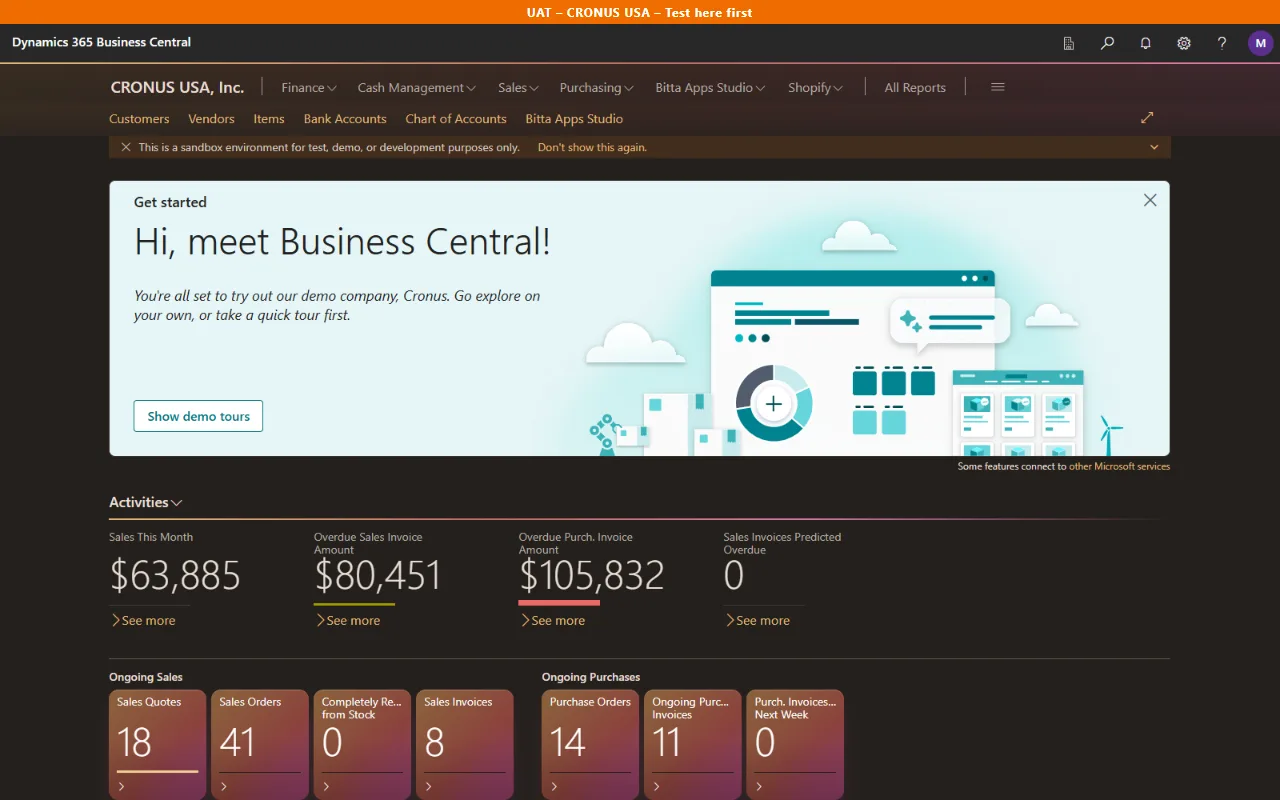 Business Central role center in the Mocha theme with the Aurora style, showing brown gradient tiles under an orange UAT, CRONUS USA, Test here first environment bar
