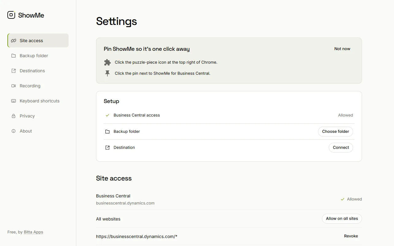 ShowMe settings page showing site access allowed for Business Central only, with the option to allow all websites left off