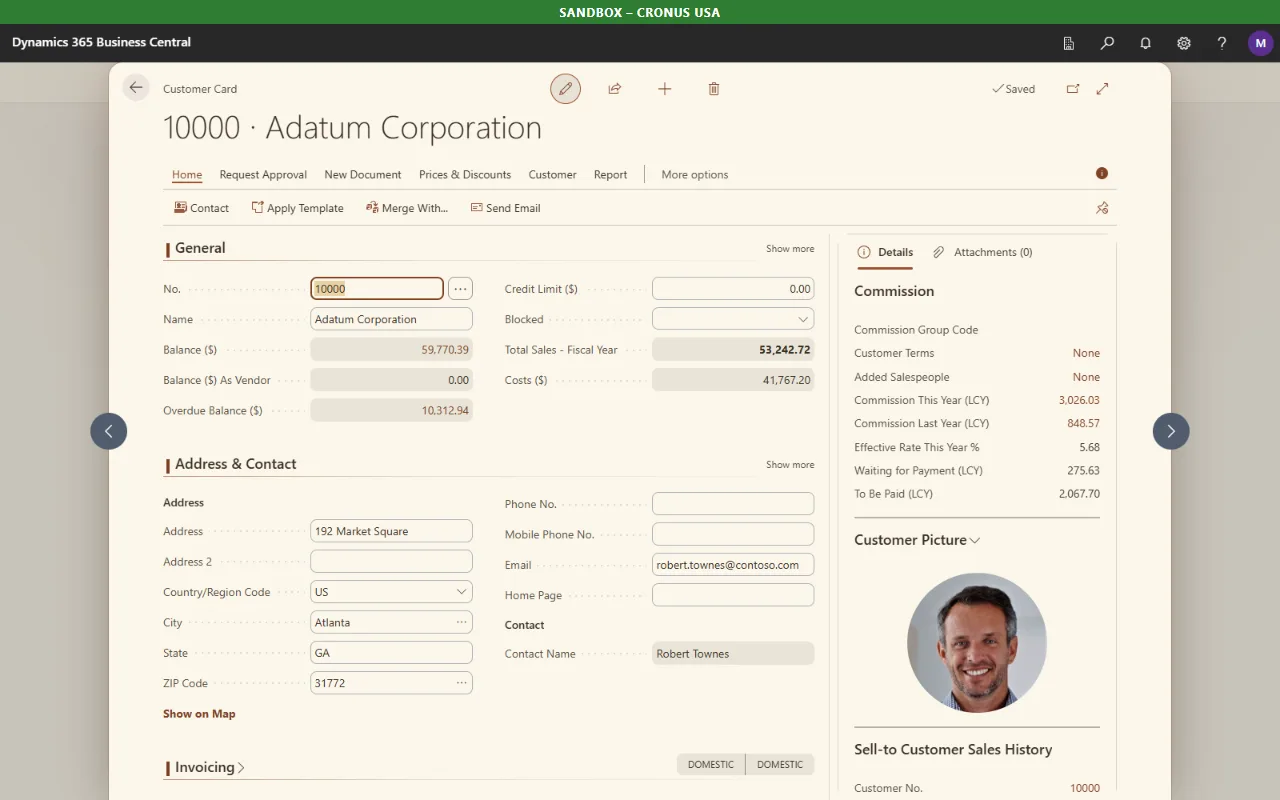 Business Central customer card in the Paper light theme with the Soft style, showing cream panels, rounded fields and a green SANDBOX, CRONUS USA environment bar