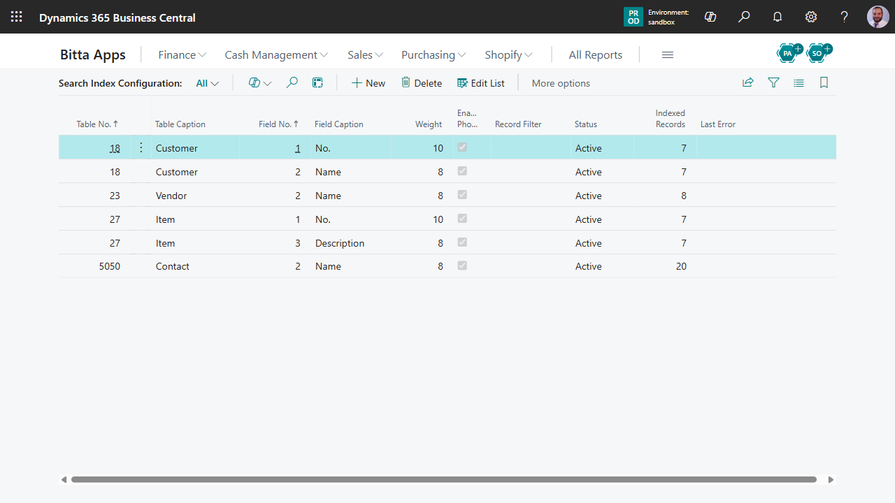 Search Index Configuration list showing indexed tables and fields