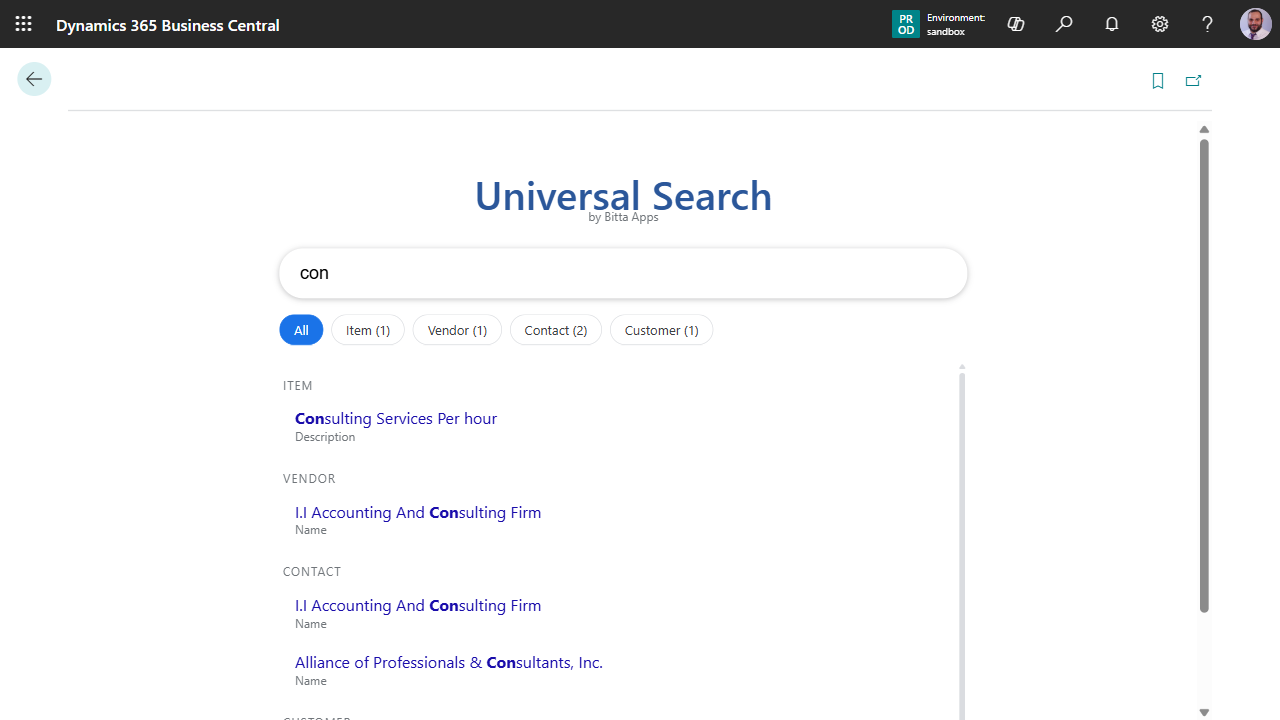 Universal Search results for the query con, with per-table filter chips and grouped results