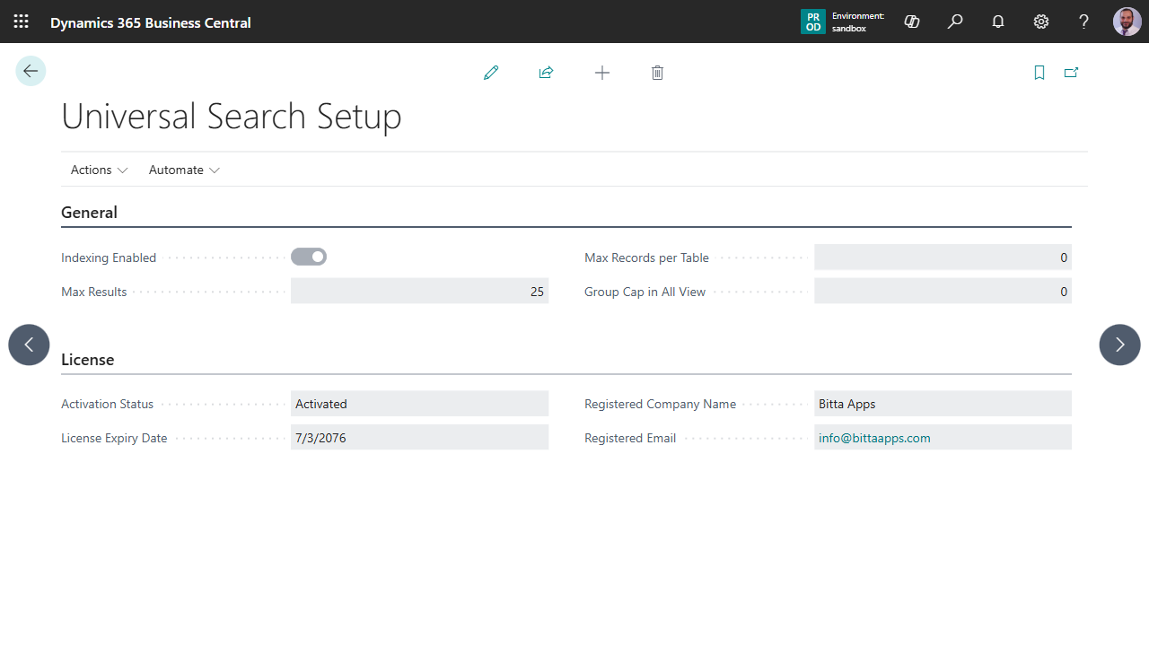 Universal Search Setup card in Business Central