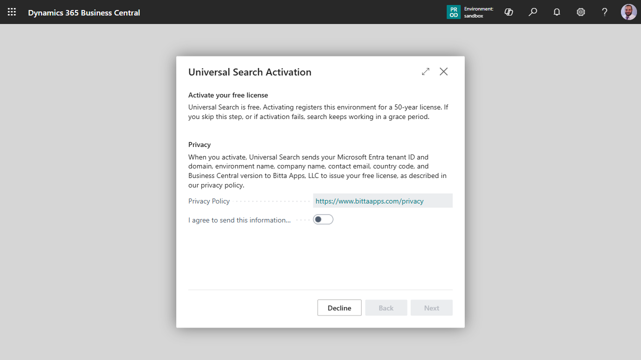 Universal Search license activation wizard, consent step